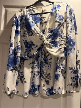 Pleione White Blouse with Blue Floral Print